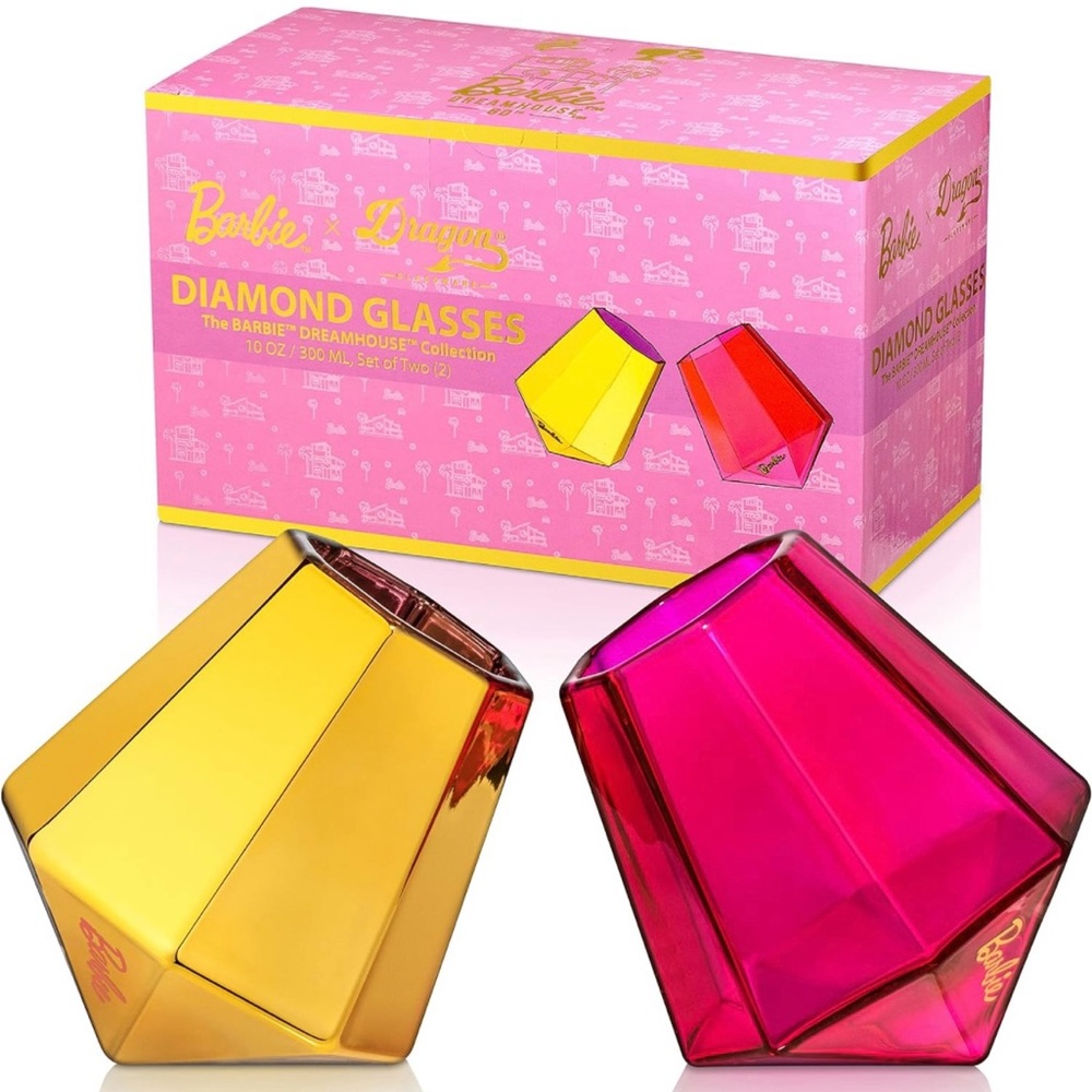 Dragon Glassware x Barbie Whiskey Glasses 10 oz Gold/Pink Glasses Set of 2